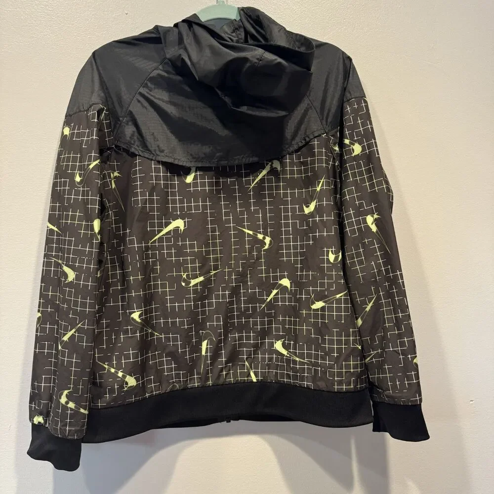 Nike Sportswear Windrunner Jacket Kids XL Black Neon Yellow Swoosh Print Hooded